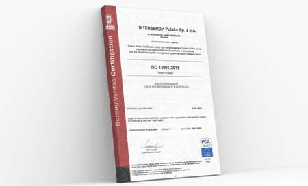 Certyfikat ISO 14001 dla Interseroh Polska Sp. z o.o. w języku angielskim
