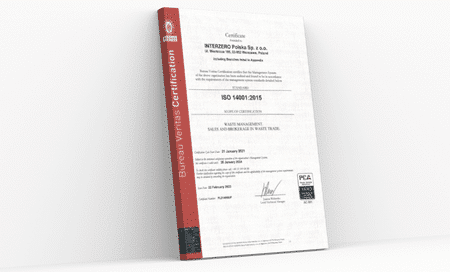 Certyfikat ISO 14001 dla Interzero Polska Sp. z o.o. w języku angielskim