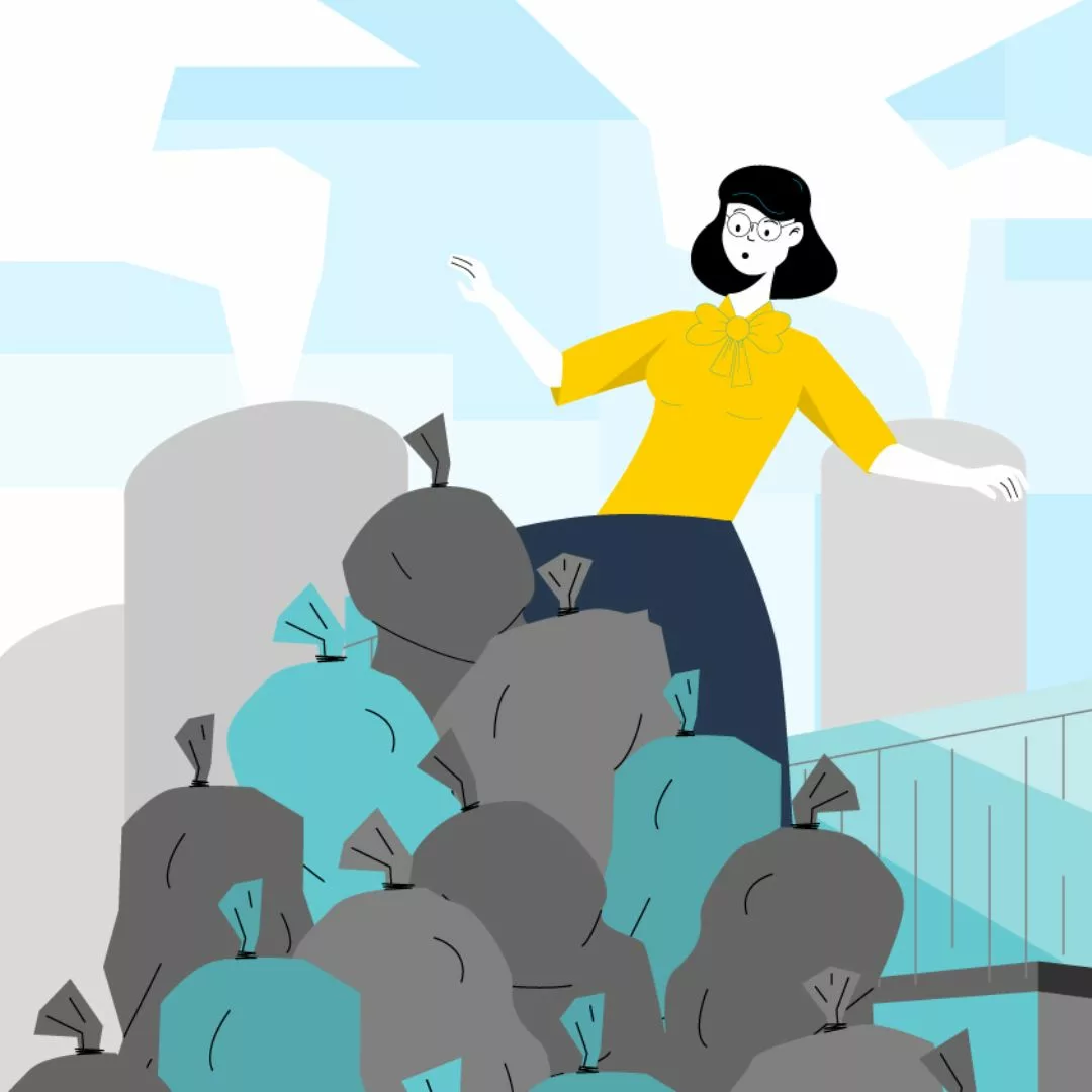 kreskówkowa kobieta stoi na stosie worków z odpadami - alegoria problemów z zarządzaniem gospodarką odpadową firmy