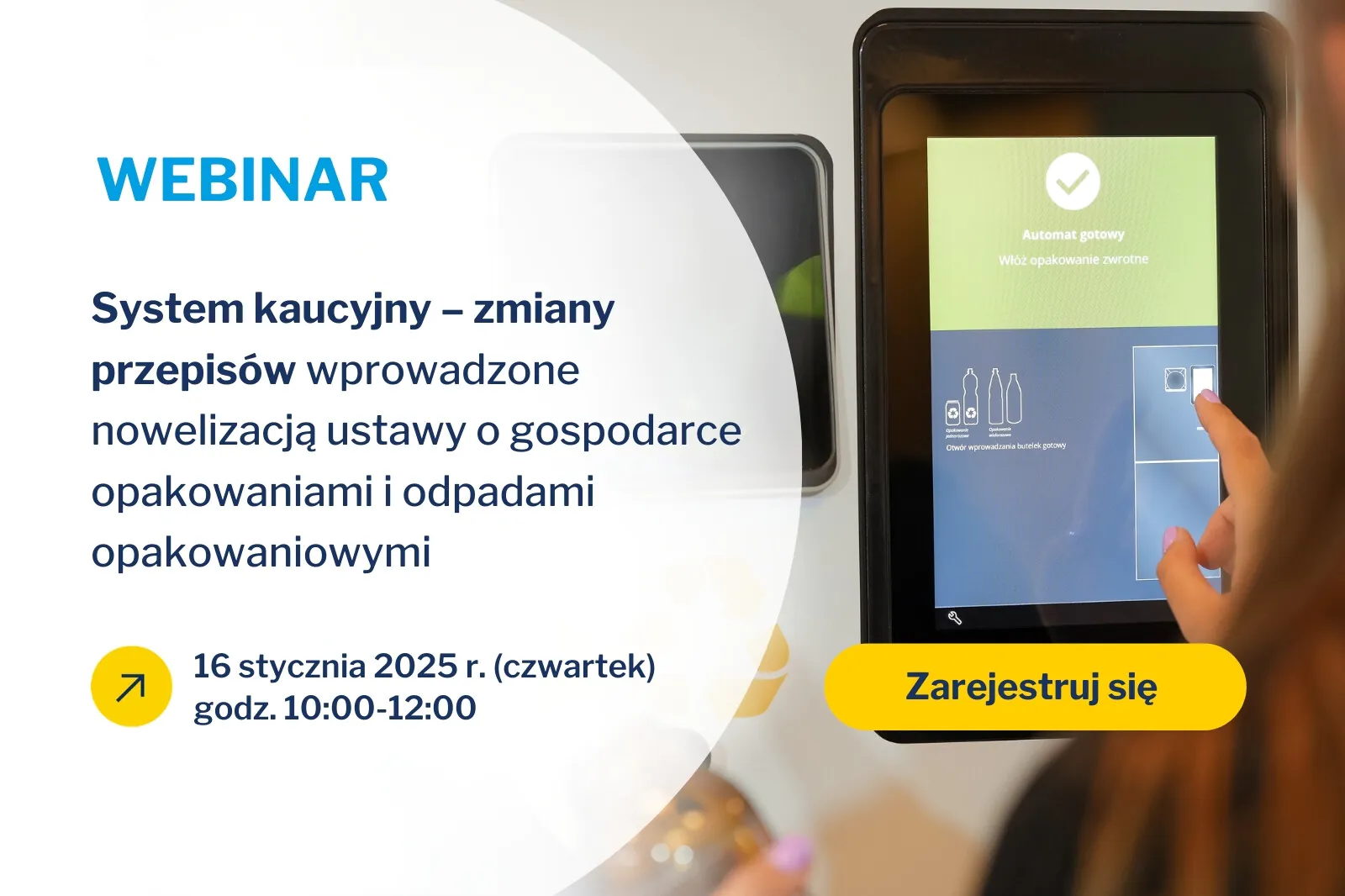 kobieta klikająca w ekran butelkomatu, webinar interzero o systemie kaucyjnym