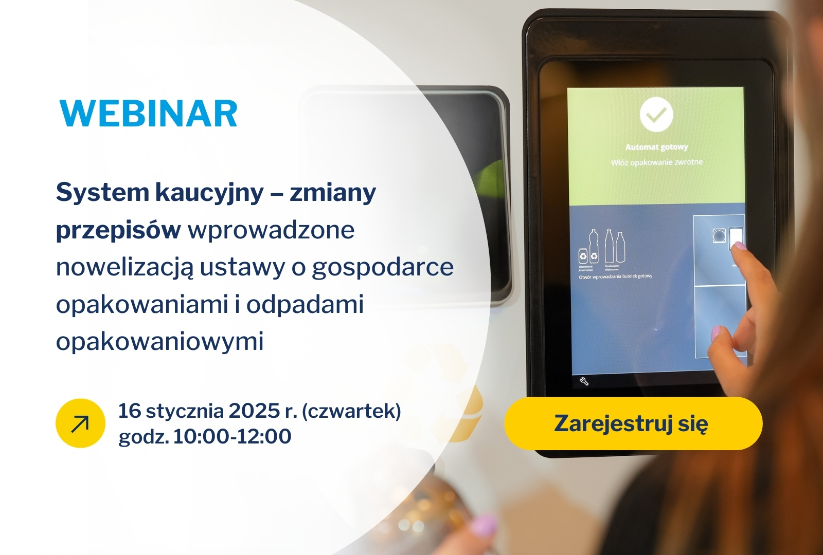 kobieta klikająca w ekran butelkomatu, webinar interzero o systemie kaucyjnym