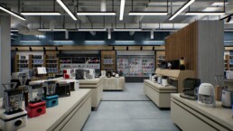 Blendery i ekspresy do kawy wystawione na ladach w salonie sprzętu AGD, zdjęcie: Ulises Ramirez, Interzero, 2026